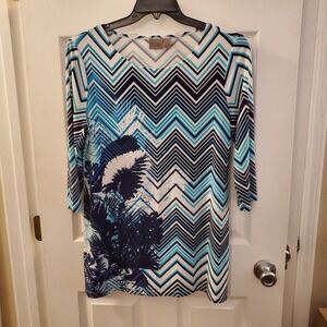 Easywear by Chico's sz 1 knit tunic 3/4 slv chevron floral beach resort artsy